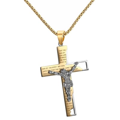 Fako Bijoux - Cubaans Kruis Jesus Voor Mannen - Ketting Met Kruis - Heren Ketting - Holy Cross - 38x59mm - 60cm - 2mm - Stainless Steel - RVS - Staal - Goudkleurig