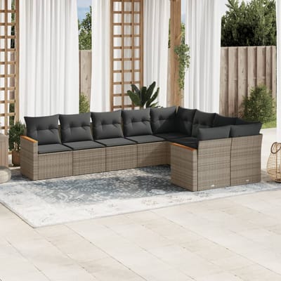 vidaXL - 9-delige - Loungeset - met - kussens - poly - rattan - grijs