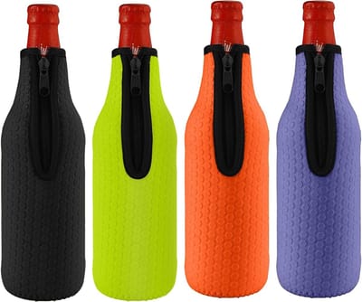Isolerende en Herbruikbare Bierfles Koelers - 4 Stuks Neopreen Flessenhoezen met Rits, Antislip, Geschikt voor 500-530ml Flessen, Ideaal voor Feesten en Buitenevenementen