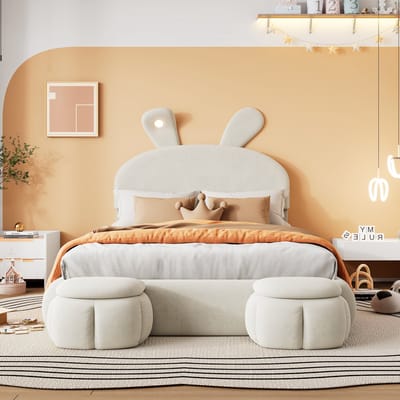 MEUNIQ gestoffeerd tweepersoonsbed 140x200 cm met hydraulische opbergruimte, LED-konijnenoren, 2 opberghockers, verstelbaar hoofdbord en lattenbodem, beige