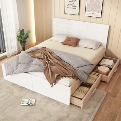 VVBV Tweepersoonsbed Houten bed 180x200 cm met 2 lades, bedframe met opbergruimte - lattenbodem - eiken/wit - zonder matras