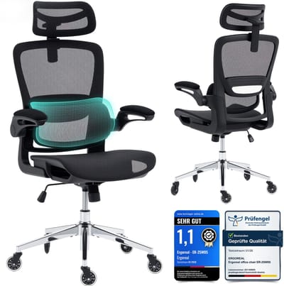 Ergonomische Bureaustoel - Office Chair - met 3D-hoofdsteu - Verstelbare armleuningen - Lendensteun -Zwart