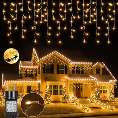 MUPOO Warm Wit IJspegel verlichting buiten - 5 meter 200 LED + 10 meter 400 LED - met 8 standen - timer - Kerstverlichting - voor dakrand - Feestdagen - Kerstmis - Bruiloft - Decoraties
