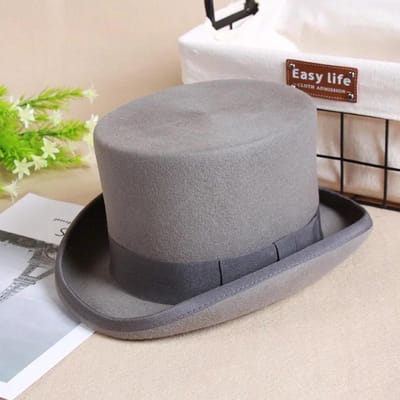 Wol Platte Mannen Hoge Hoed Mode Fedora Hoeden Veelzijdige Panama Magiër Hoed Heer Cilinder Riem Steampunk Unisex Elegant L  (59cm) grijze kleur