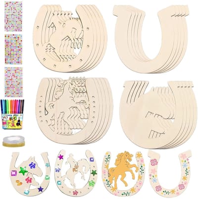 Houten hoefijzer 41 stuks knutselset voor kinderen, decoratie kinderverjaardag, hoefijzer, knutselset met diamantstickers, aquarelstift, glitterband, houten knutselsets voor doe-het-zelf