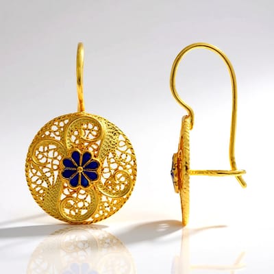 Cavill - Zilveren Oorbellen 925 Sterling met Vergulde Coating - Blauw Filigraan Bloemmotief - Lichtgewicht Vintage Stijl - 25 mm