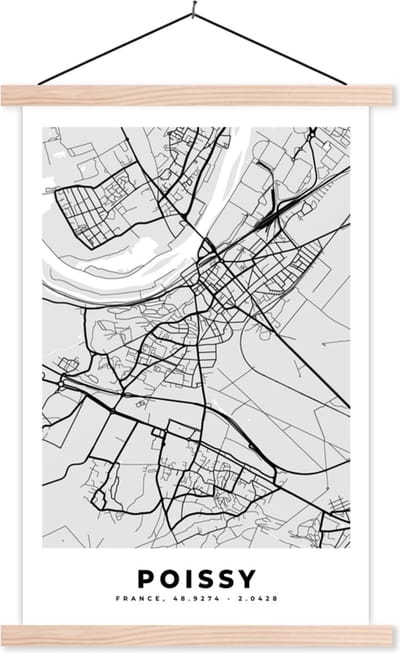 Posterhanger incl. Poster 40x60 cm - Schoolplaat - Plattegrond - Kaart - Stadskaart - Frankrijk - Poissy - Textielposter - Blanke latten - Stadskaart