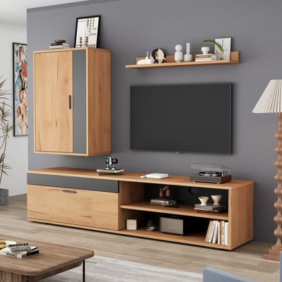DESMIU Tv Meubelset - Moderne Opberg En Presentatiecombinatie Voor Kleine Woonkamer - Spaanplaat In Eikenkleur En Zwart - 140x35x39 Cm