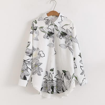 Dames Bloemenprint Losse Kraag Lange Mouw Modieus Shirt XL wit