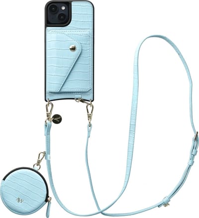 AVY Leren Hoesje geschikt voor Apple iPhone 15 | Met Koord, Wallet en Pouch | Compatibel met MagSafe | Leather Case met 130CM Koord | Long Leather | Croco Blauw