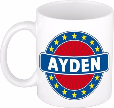 Bellatio Decorations - Ayden voornaam - koffiemok - beker - wit/blauw - 300 ml - Cadeau - Heren - Collega - Vaderdag - Verjaardag