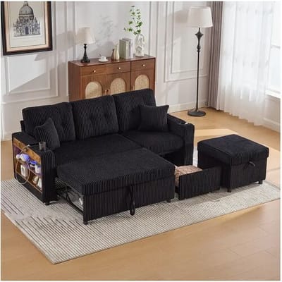 OKWISH Slaapbank 196 X 82 144 X 85 Cm - Met Uittrekbed, Opbergruimte, Usb C En Led - Voor Woonkamer Of Logeerkamer - Corduroy - Zwart