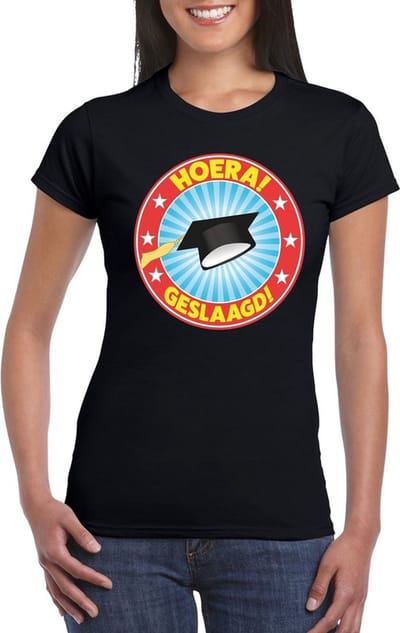 Geslaagd t-shirt zwart met afstudeerhoedje dames S