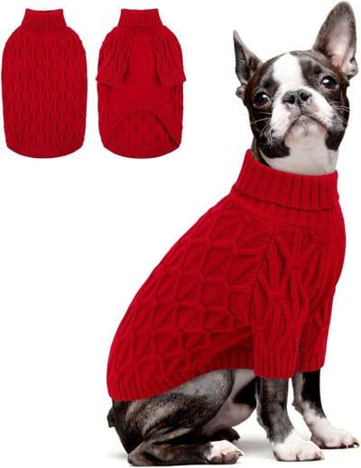 Hondentrui voor Kerstmis, rekbaar, warm, rolkraag, gebreide herfst- en winterkleding voor Franse buldog, teckel (worsthond), rood, L