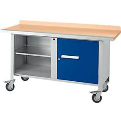 Mobiele werkbank Schäfer Shop Select PWi 150-1, beuken multiplex blad, met stalen rand, tot 400 kg, B 1500 x D 700 x H 840 mm