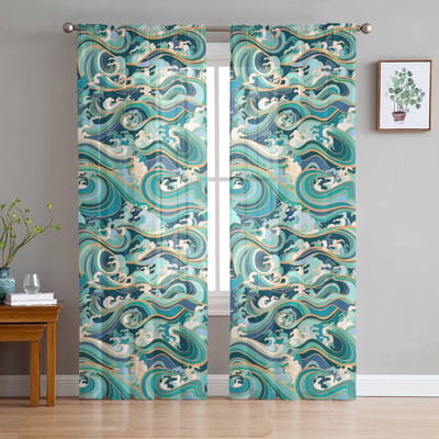 Abstracte Zomer Verloop Oceaan Golven Transparante Gordijnen voor Woonkamer Decoratie Raamgordijnen Keuken Tule Voile Gordijnen W135 x H115cm x1 blue