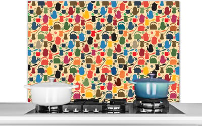 Spatscherm keuken 100x65 cm - Kookplaat achterwand Patronen - Koffie - Theepot - Retro - Muurbeschermer - Spatwand fornuis - Hoogwaardig aluminium