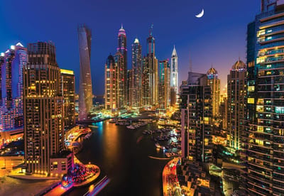 Fotobehang City Dubai Skyscraper Night | XXXL - 416cm x 254cm | 130g/m2 Vlies