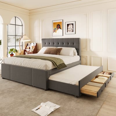 MEUNIQ gestoffeerd bed 140x200 cm met uitschuifbaar bed, 3 lades en verstelbaar hoofdeinde, tweepersoons bedframe voor slaapkamer, grijs