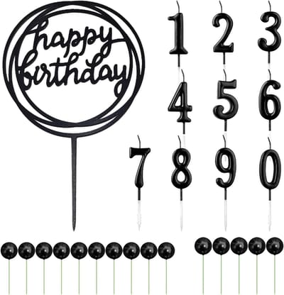 Dailygoods- Taartdecoratie Verjaardag - Taarttopper - Taartballen - Cijferkaarsen - Zwart - 10 Stuks - Taartversiering