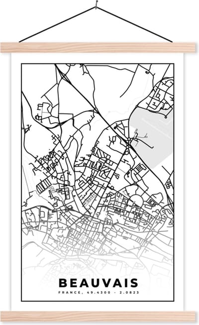 Posterhanger incl. Poster 40x60 cm - Schoolplaat - Kaart - Plattegrond - Beauvais - Frankrijk - Stadskaart - Zwart wit - Textielposter - Blanke latten - Stadskaart