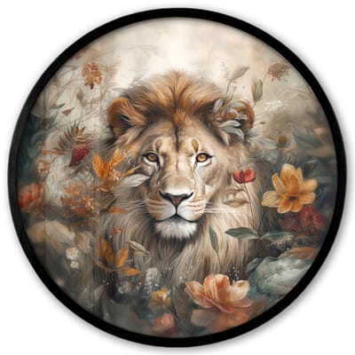 Poster in lijst Rond - Fotolijst 40x40 cm - Posters - Leeuw - Wilde dieren - Planten - Natuur - Bloemen - Ronde posterlijst zwart - Decoratie - Wanddecoratie woonkamer - Muurdecoratie slaapkamer
