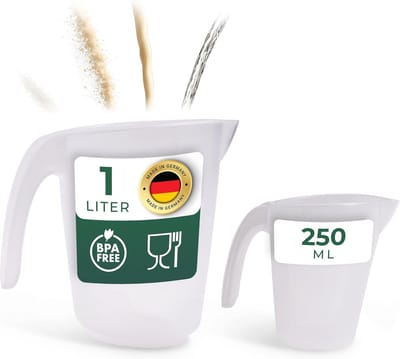 Novaliv maatbekerset 250ml 1000ml, maatbeker keuken transparant met duidelijke g/ml schaalverdeling voor vloeistoffen bloem & suiker, Made in Germany, vaatwasserbestendig, mengkom maatbeker werkplaats