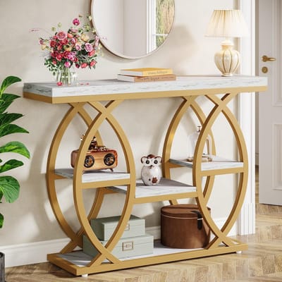 Tribesigns Consoletafel - Sidetable - Console - Haltafel - Metaal/Hout - Wit en Goud - Industrieel - 100 x 30 x 80 cm - Console Tafel voor Hal, Woonkamer, Entree