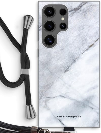 Case Company® - Hoesje met koord geschikt voor Samsung Galaxy S24 Ultra hoesje met Koord - Witte marmer - Telefoonhoesje met Zwart Koord - Bescherming aan alle Kanten en Over de Schermrand