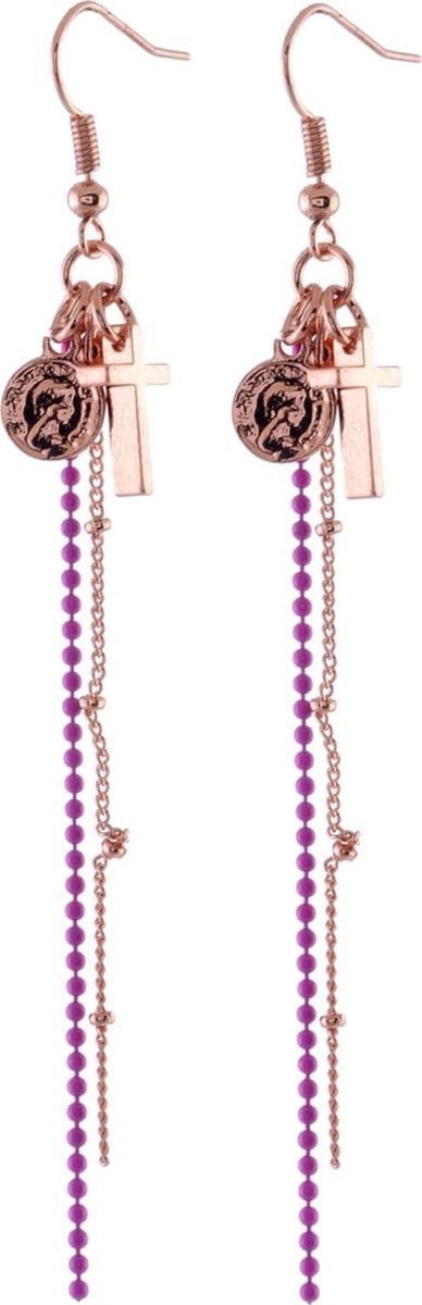 Behave - Oorbellen kruis munt roségoud fuchsia - Trendy avondlook