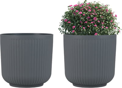 COSTWAY Bloempotten van 2 rond, 32 cm hoog, plantenbakken met drainagegaten, decoratieve bloempotten, PP-kunststof, weerbestendig, voor tuin, terras, achtertuin, balkon, grijs