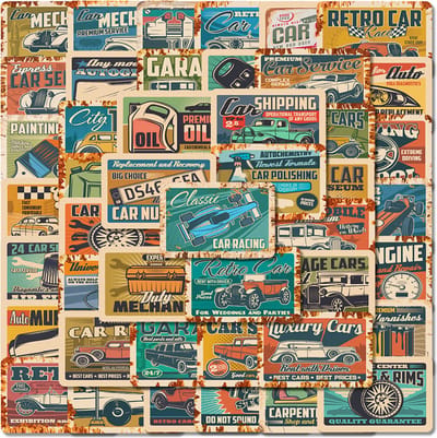 Retro Car Stickers - set 54 stuks - Klassieke Amerikaanse Auto stickers - 4x5,6CM - Vintage Garage borden - Oldtimers