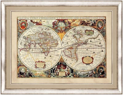 Wereldkaart met lijst - Landkaart poster - Wanddecoratie - Massief houten frame - 30 x 42 cm - Zilver