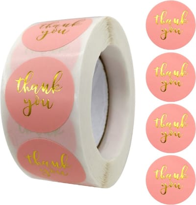 500 Stickers Op Rol - 2.5cm - Thank You Metal Roze - Bedankt Stickers - Sluitsticker - Sluitzegel - 25mm - 500 Stuks