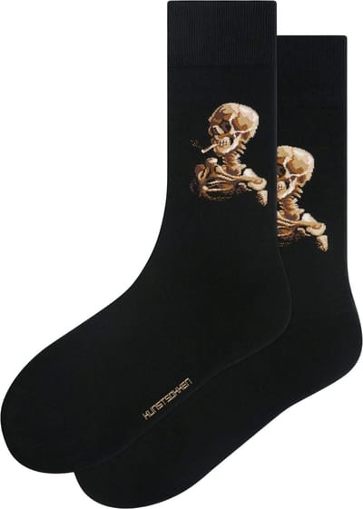 Kunst sokken - Schedel van een Skelet met Brandende Sigaret: Van Gogh - Sokken Dames 36 40 - Biologisch Katoenen Sokken - funny socks happy - Vrolijke Sokken - Grappige Sokken - Sokken Cadeau