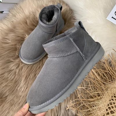Stijl Basic Kort Mini Winter Schaapshuid Sneeuwlaarzen Dames Waterdicht Natuurlijk Wol Voering Enkel Warm Platte Schoenen 35 -44 44 grijs
