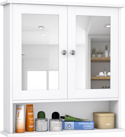 COSTWAY Spiegelkast voor badkamer, badkamerkast met spiegel, badkamerkast met in hoogte verstelbare plank, badkamerspiegel, hangkast, badkamermeubel, 58,5 x 56,5 x 13,5 cm