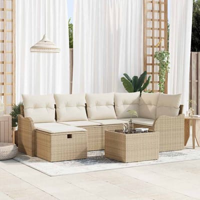 vidaXL - Tuinbank - Set - met - kussen - 7 - pcs - beige - en - crèmekleurig - Poly - rattan