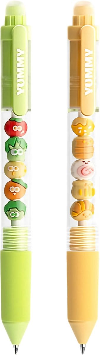 Ainy - Speelse Uitwisbare Pen set 2 stuks Geel & Groen | Speelse design uitgumbare pennen voor etui of pennenzak | ideale teken balpennen cadeauset voor kinderen en volwassenen