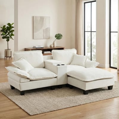 OKWISH Hoekbank 224 x 151 x 90 cm - Met USB, Opbergruimte En Bekerhouders - Voor Woonkamer Of Appartement - Chenille - Beige