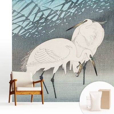 Wallfluent Behang - Kwetsbare vogels Vliesbehang - 250x250 cm - Blauw Behang - Voor liefhebbers van kunst en natuur - Behang Voor de woonkamer, voor het kantoor, voor de slaapkamer - Wandbekleding Dieren