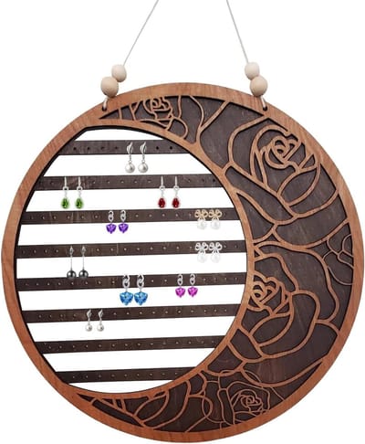 Hangende oorbelorganizer - Sieraden wandrek - Sieraden opbergen - Elegante maan zeshoek - 30 cm breed - Houtkleur