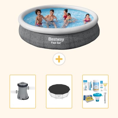Bestway Rond Opblaasbaar Fast Set Zwembad - Rotanprint - 366 x 76 cm - Inclusief Pomp - Afdekzeil - Onderhoudspakket - 4-delig