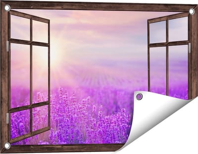 Gards Tuinposter Doorkijk Bloemenveld met Paarse Lavendel - 60x40 cm - Tuindoek - Tuindecoratie - Wanddecoratie buiten - Tuinschilderij