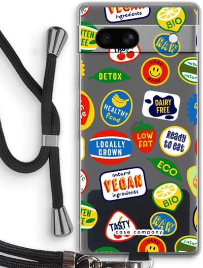 Case Company® - Hoesje met koord geschikt voor Google Pixel 7A hoesje met Koord - Fruitsticker - Telefoonhoesje met Zwart Koord - Bescherming aan alle Kanten en Over de Schermrand