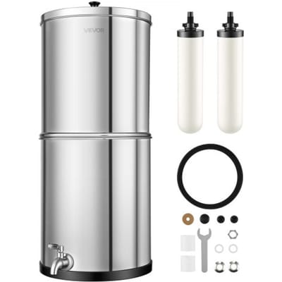 VEVOR Gravity Waterfiltersysteem 11,36 L, Roestvrij Staal 304, Waterfiltratiesysteem Dat Lood en Tot 99% Chloor Verwijdert, met 2 Keramische Actieve Koolstoffilters, Kraanaansluiting, voor Thuis en Op De Camping
