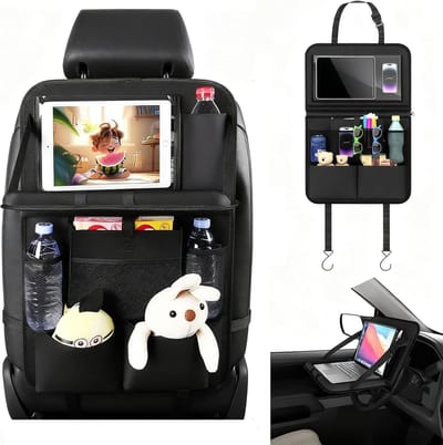 Famanu – Autostoel Organizer - Auto Achterbank Organizer met Opvouwbaar Tafeltje en Tablet/mobiele Telefoon Tas - Multifunctionele Waterdichte Achterbank Autostoelbeschermer