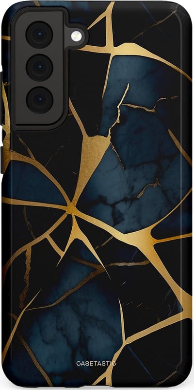 Casetastic hoesje geschikt voor Samsung Galaxy S21 FE 5G - Dubbellaagse bescherming - Sterrennacht Marmer Goud - Fashion Case - Zwart Goud Donkerblauw