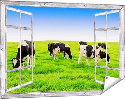 Gards Tuinposter Doorkijk Kudde Koeien in de Wei - Hemel Blauwe Lucht - 120x80 cm - Tuindoek - Tuindecoratie - Wanddecoratie buiten - Tuinschilderij