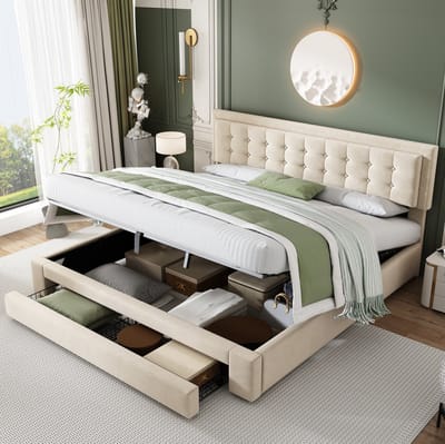 MEUNIQ tweepersoons bed 160 x 200 met opbergruimte en lades, beige gestoffeerd bed met verstelbaar hoofdbord en lattenbodem voor slaapkamer